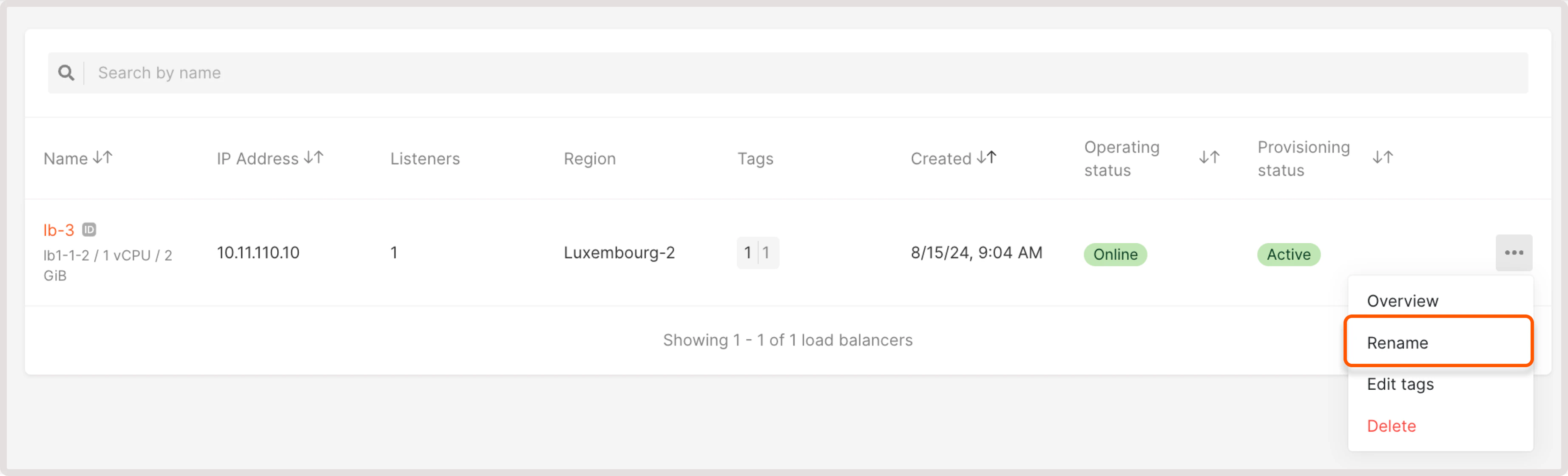 Rename button in the Load Balancer settings