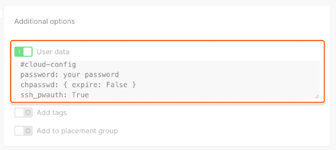 User data field with password configuration