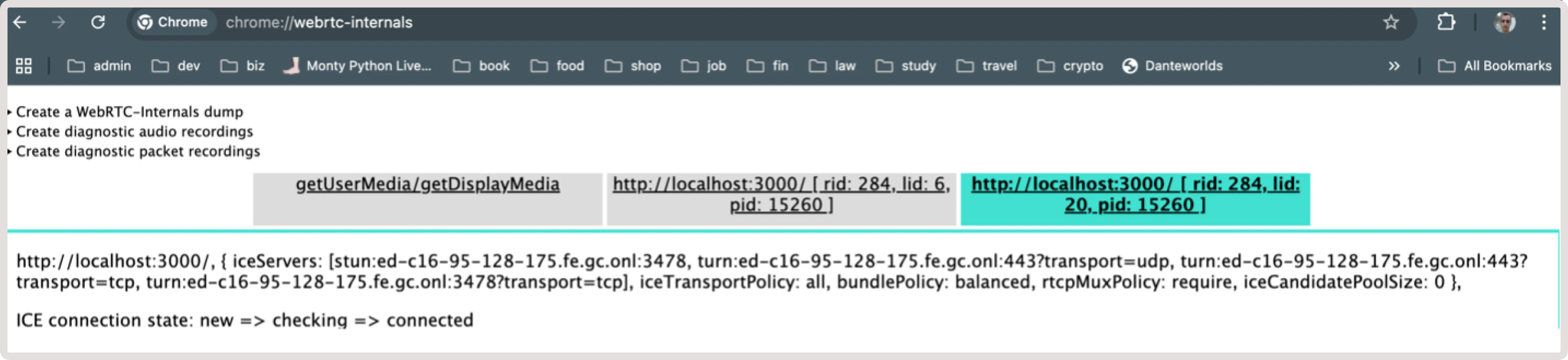 Example of servers check in Chome WebRTC internals
