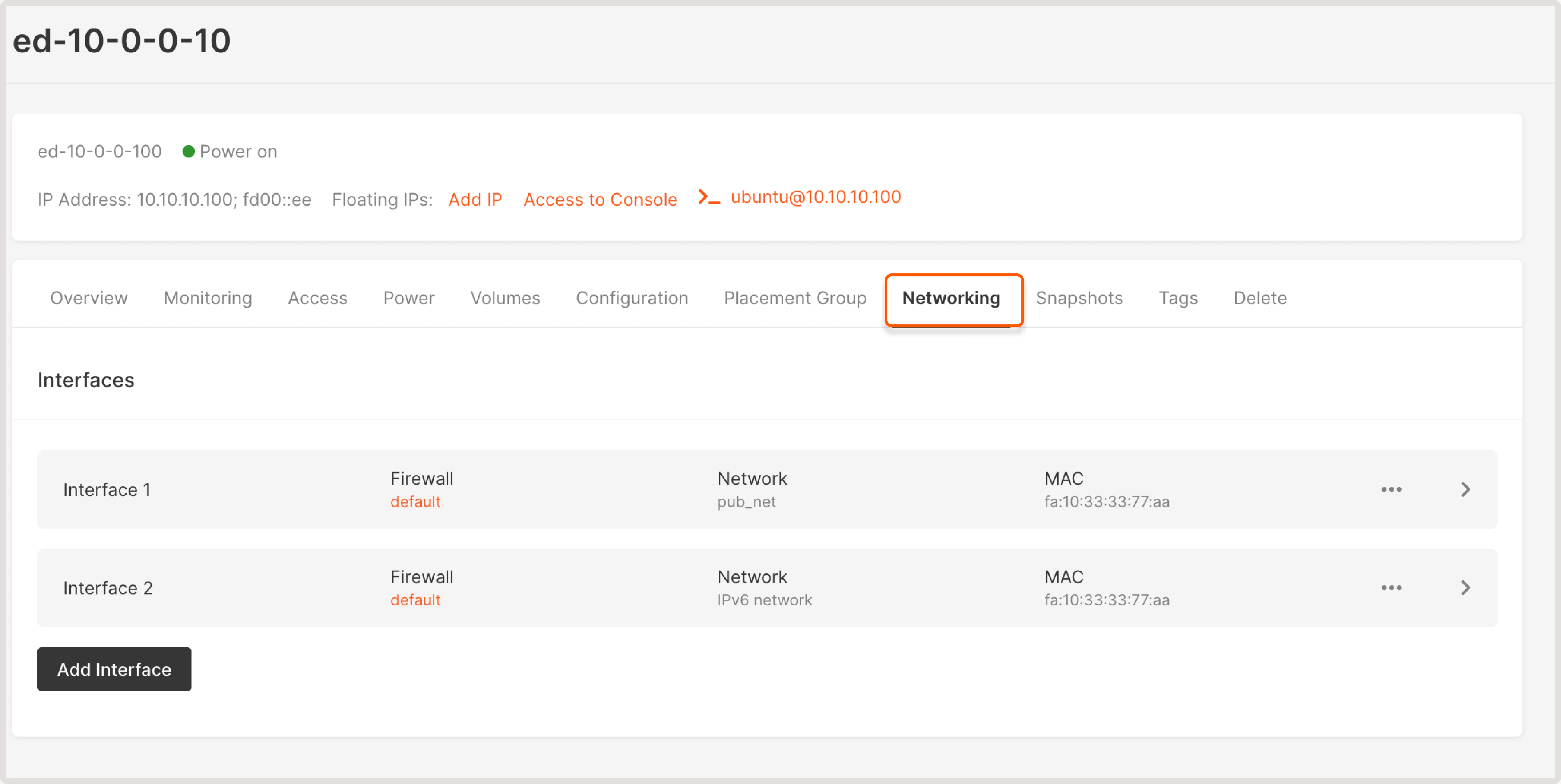 Networking tab in the VM settings