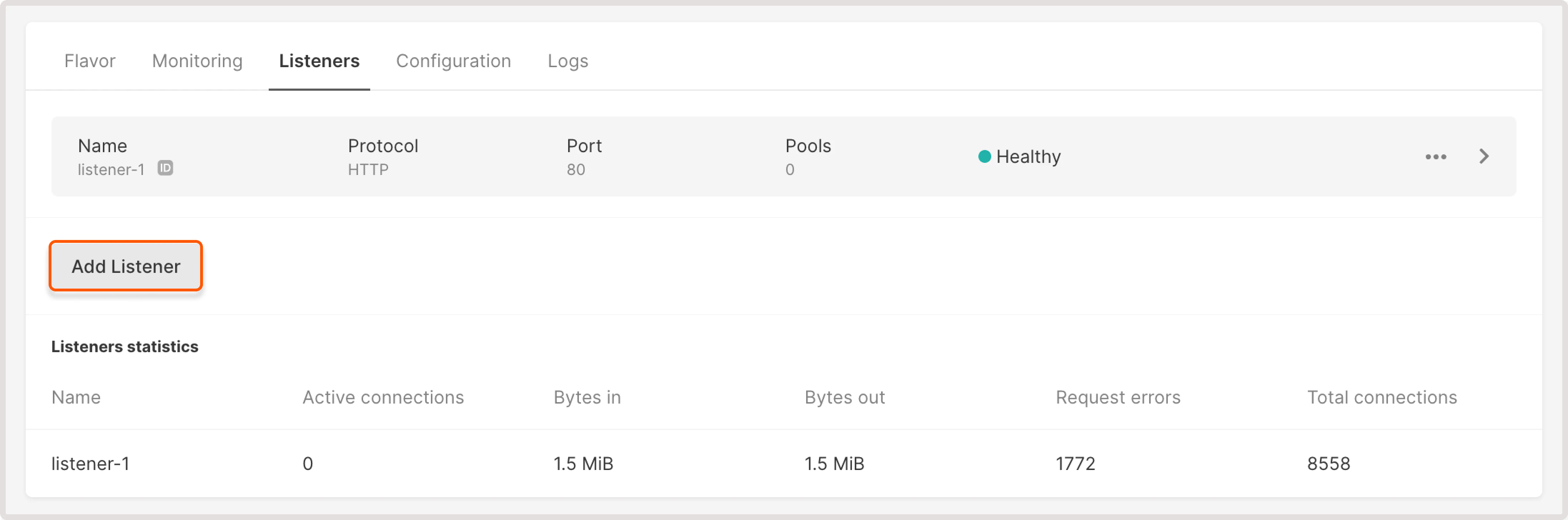 Listener tab in the Load Balancer settings