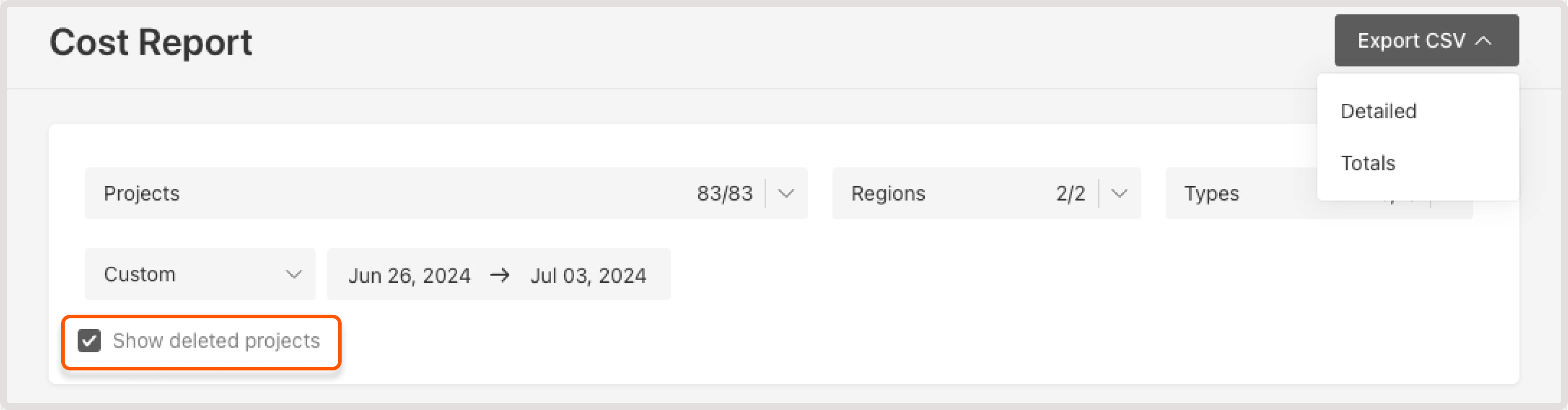 Show deleted projects checkbox