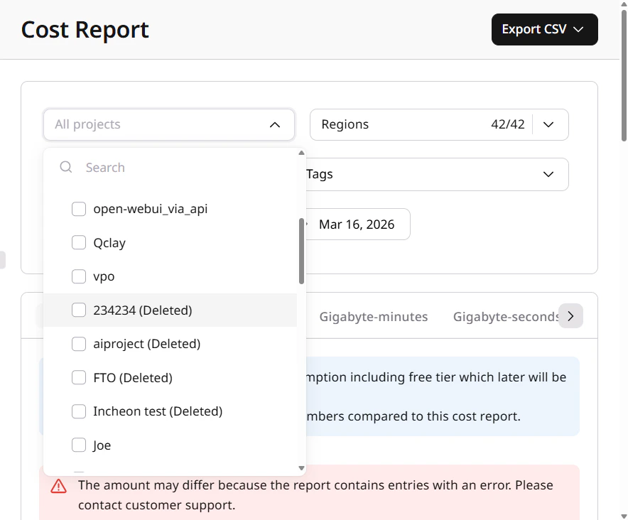 Projects dropdown expanded