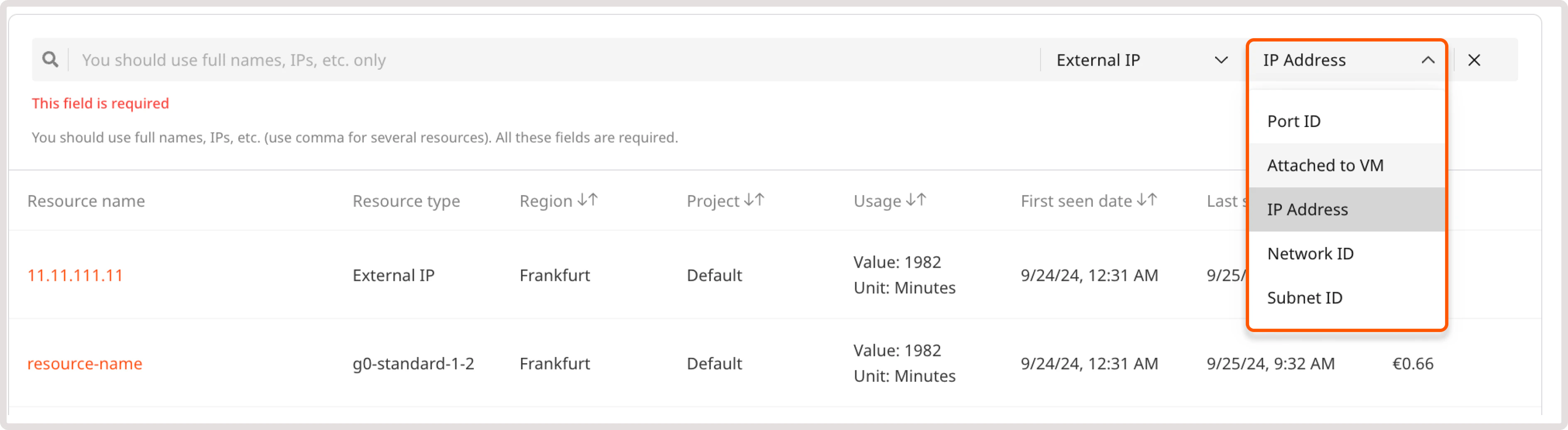 Resource attribute dropdown with IP Address selected