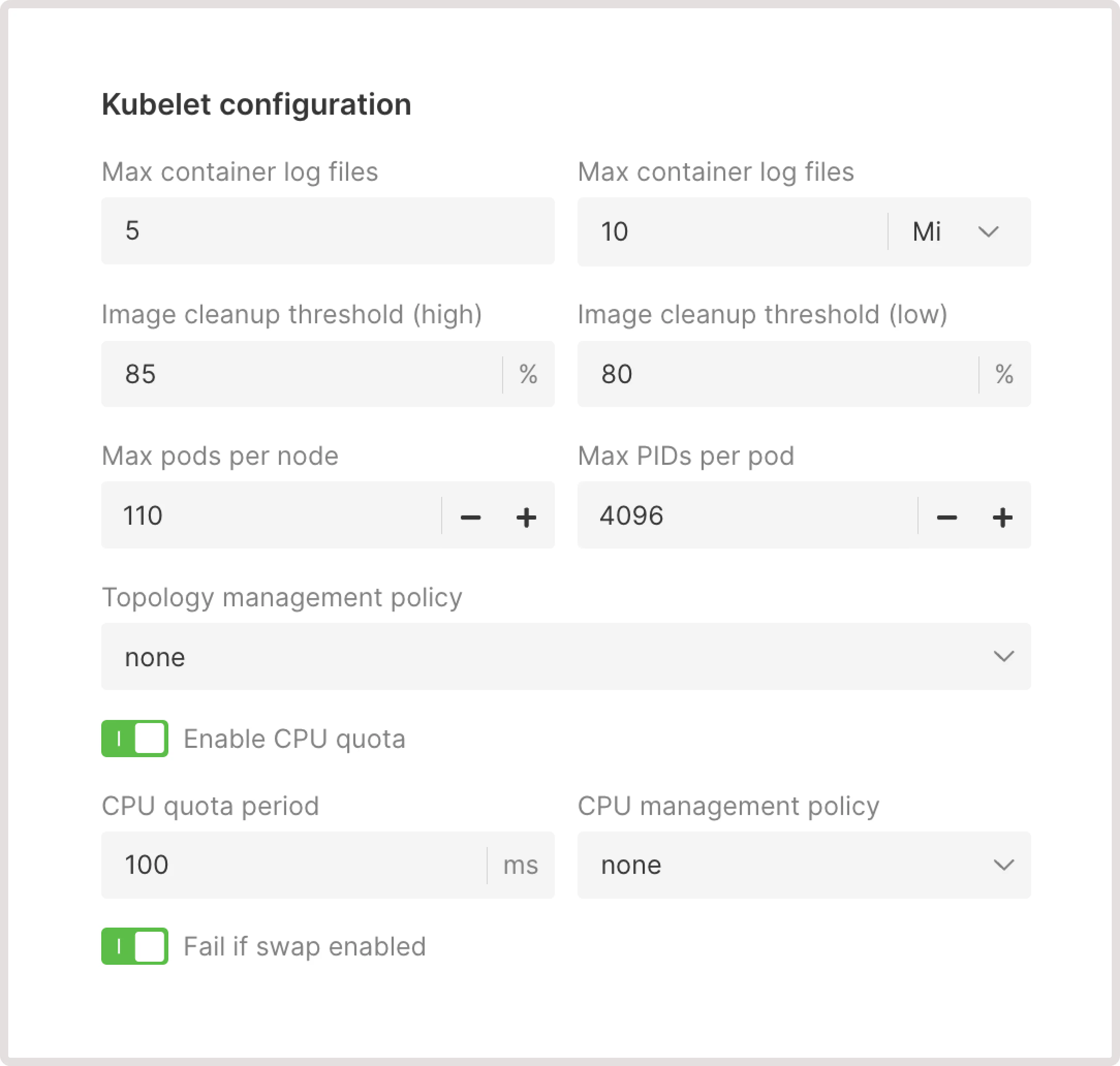 Kubelet configuration in the advanced settings for Kubrnetes cluster