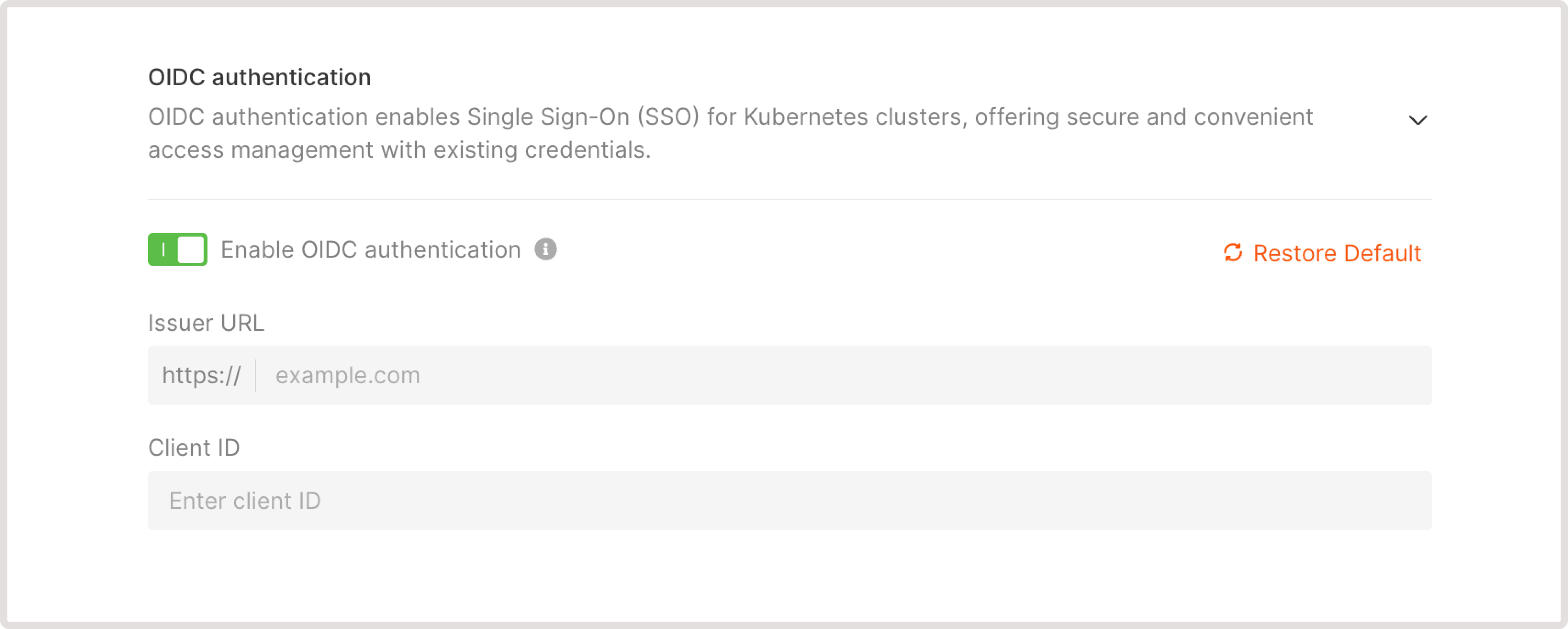 OpenID Connect authentication settings for a Kubernetes container