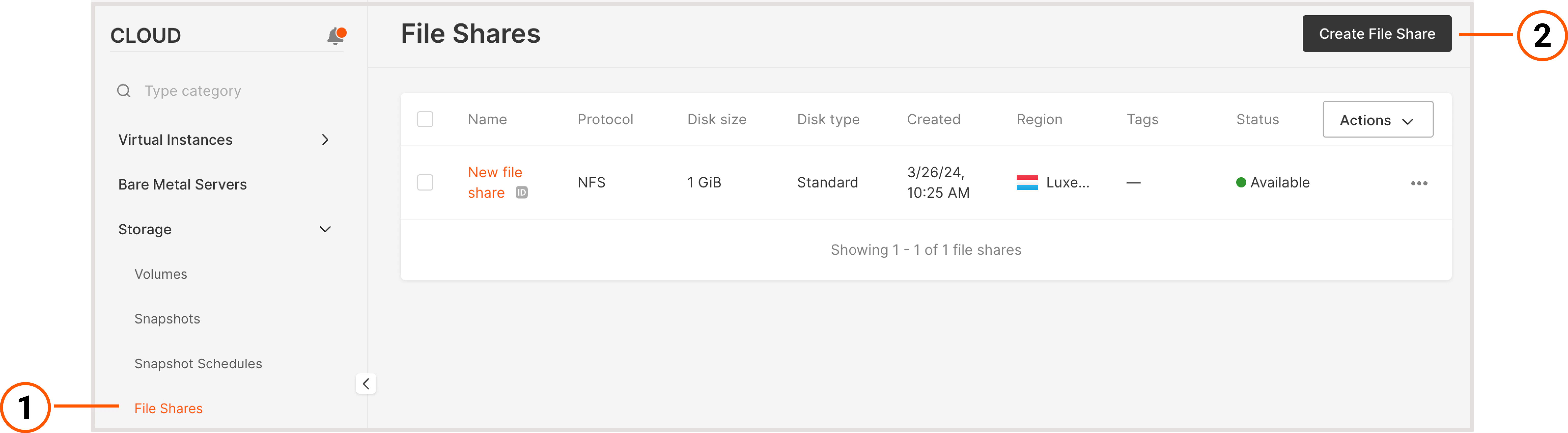 File Shares page with a highlighted button to create file share