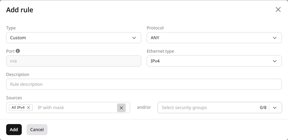 Add firewall rule dialog showing protocol, port, and sources configuration