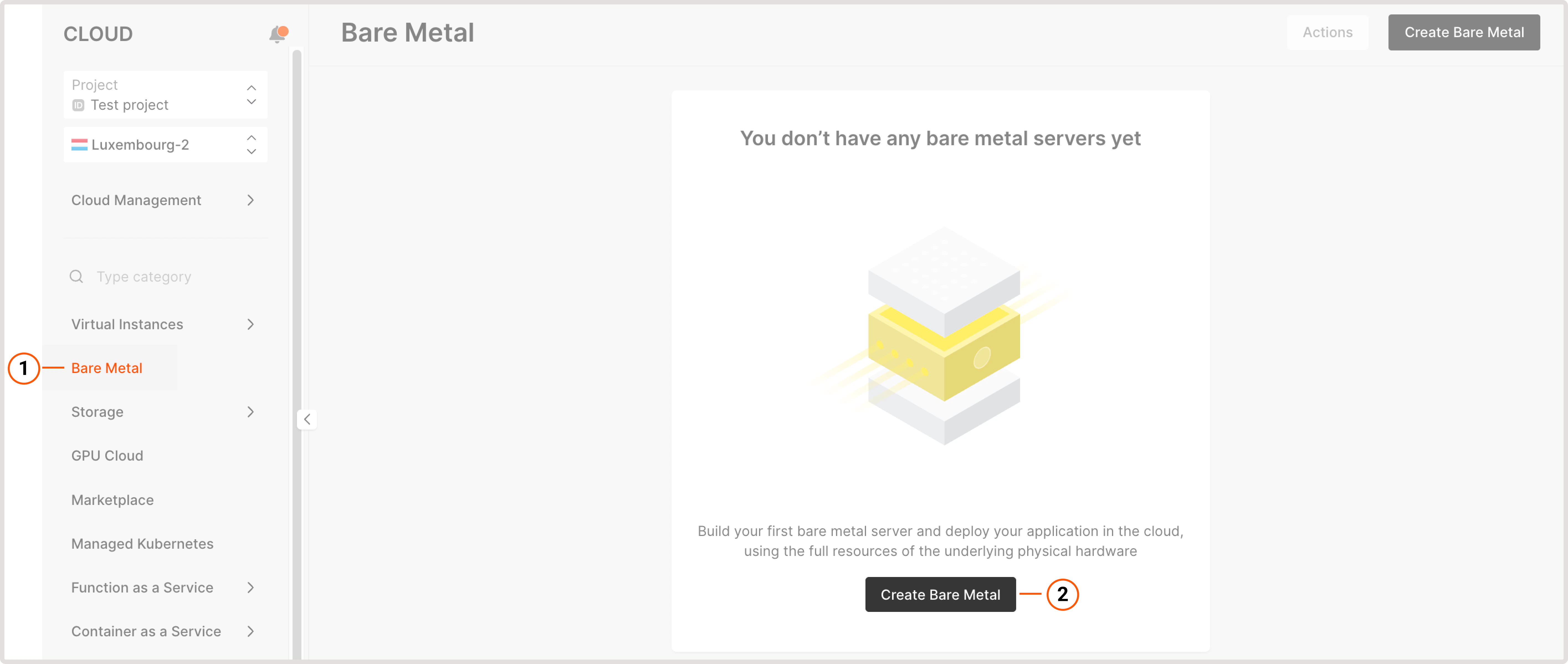 Bare metal page in Gcore Customer Portal
