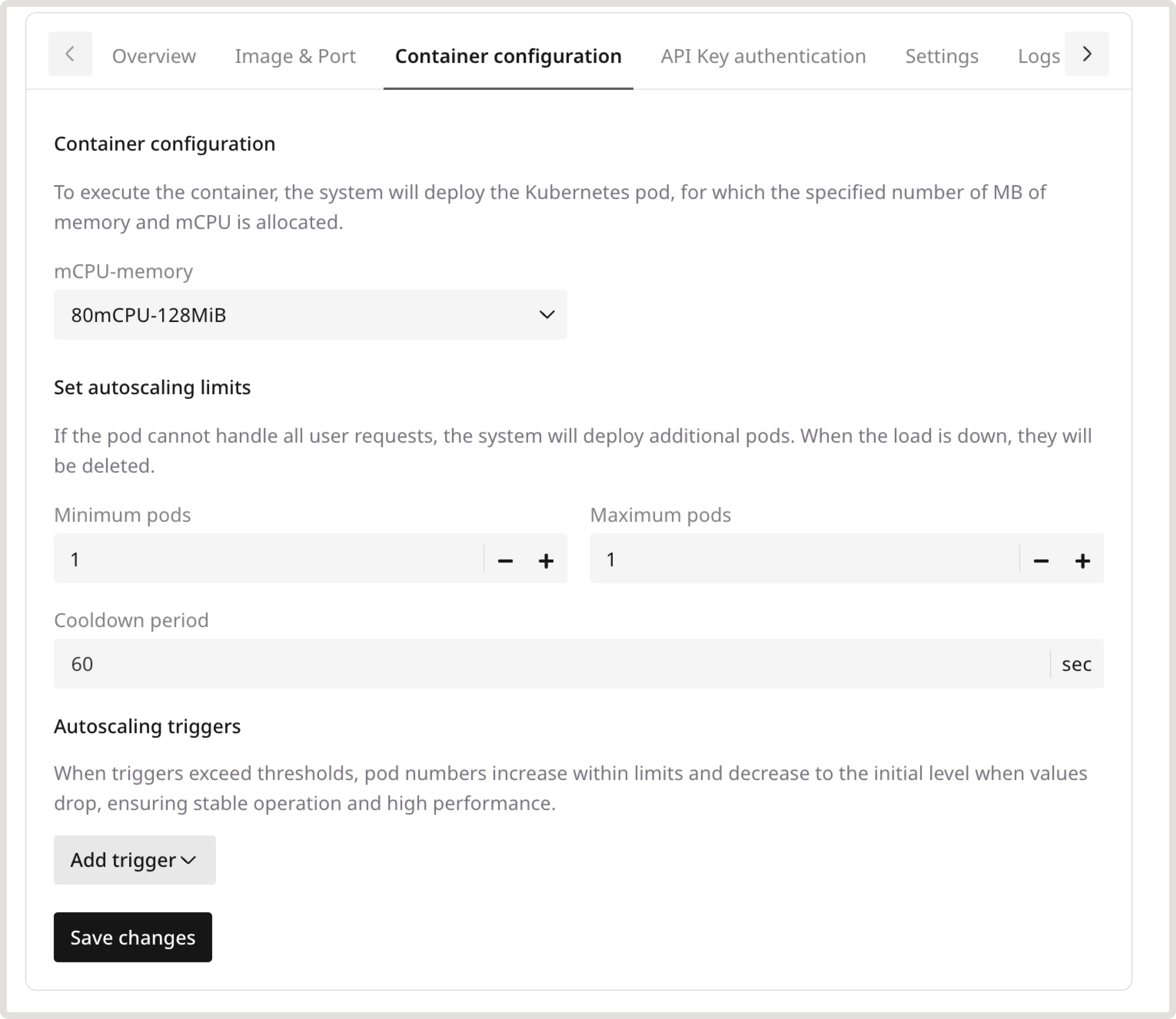 Container configuration tab
