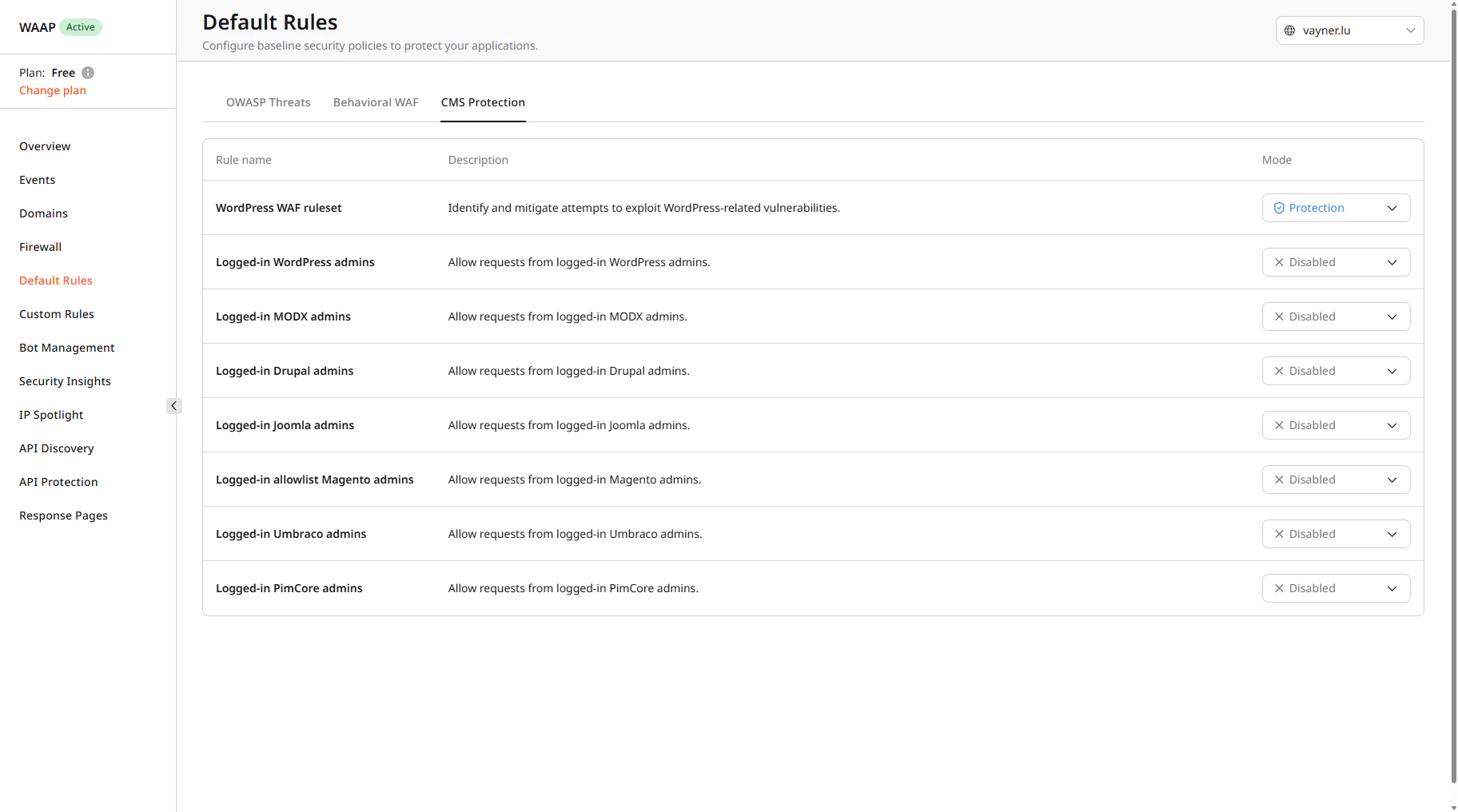 Default Rules page with CMS Protection tab