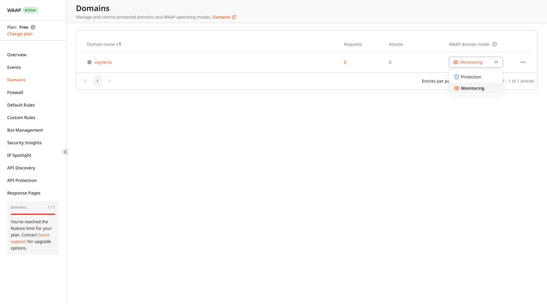 WAAP modes dropdown on Domains page