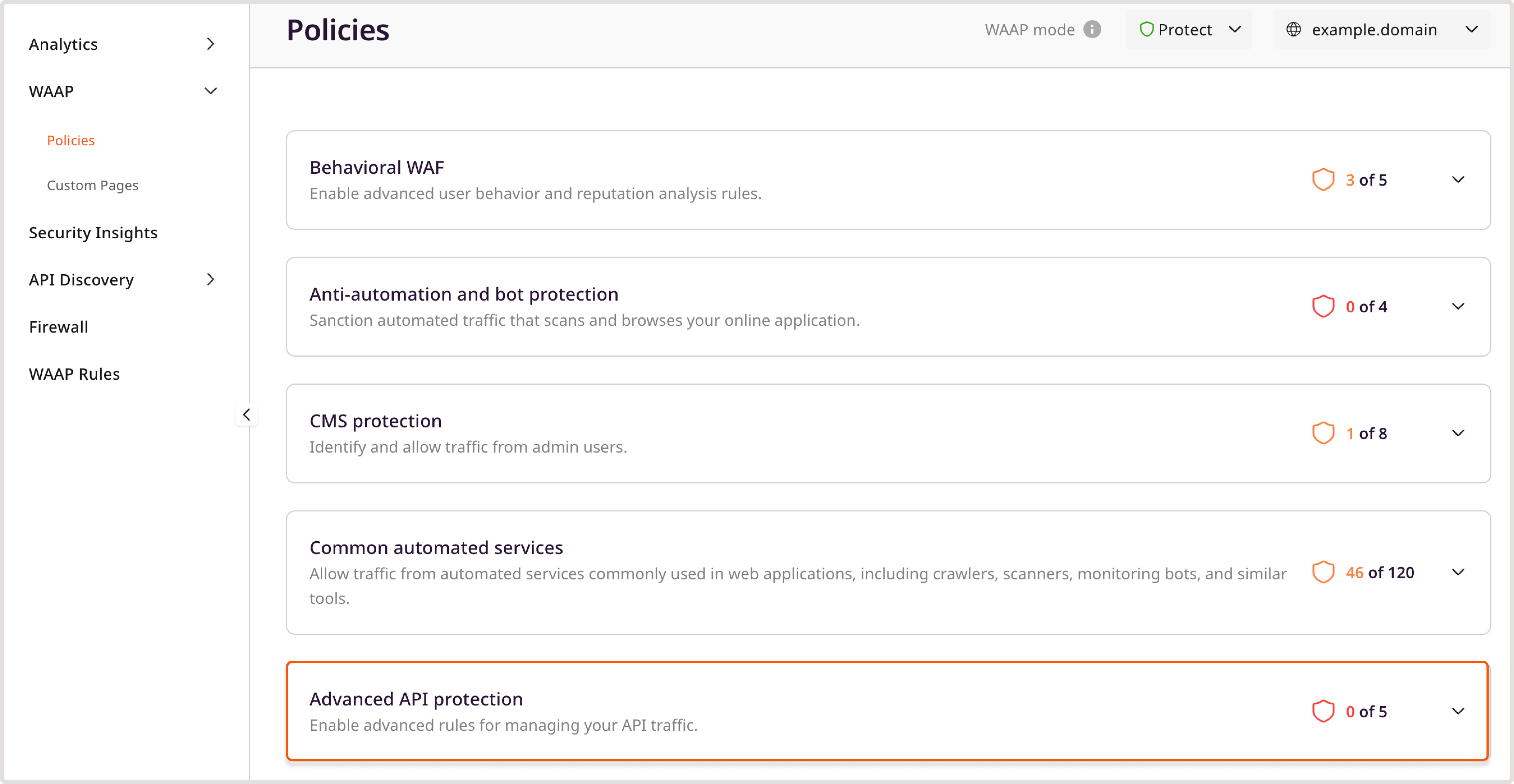 WAAP policies page with the highlighted advanced AIP protection policy