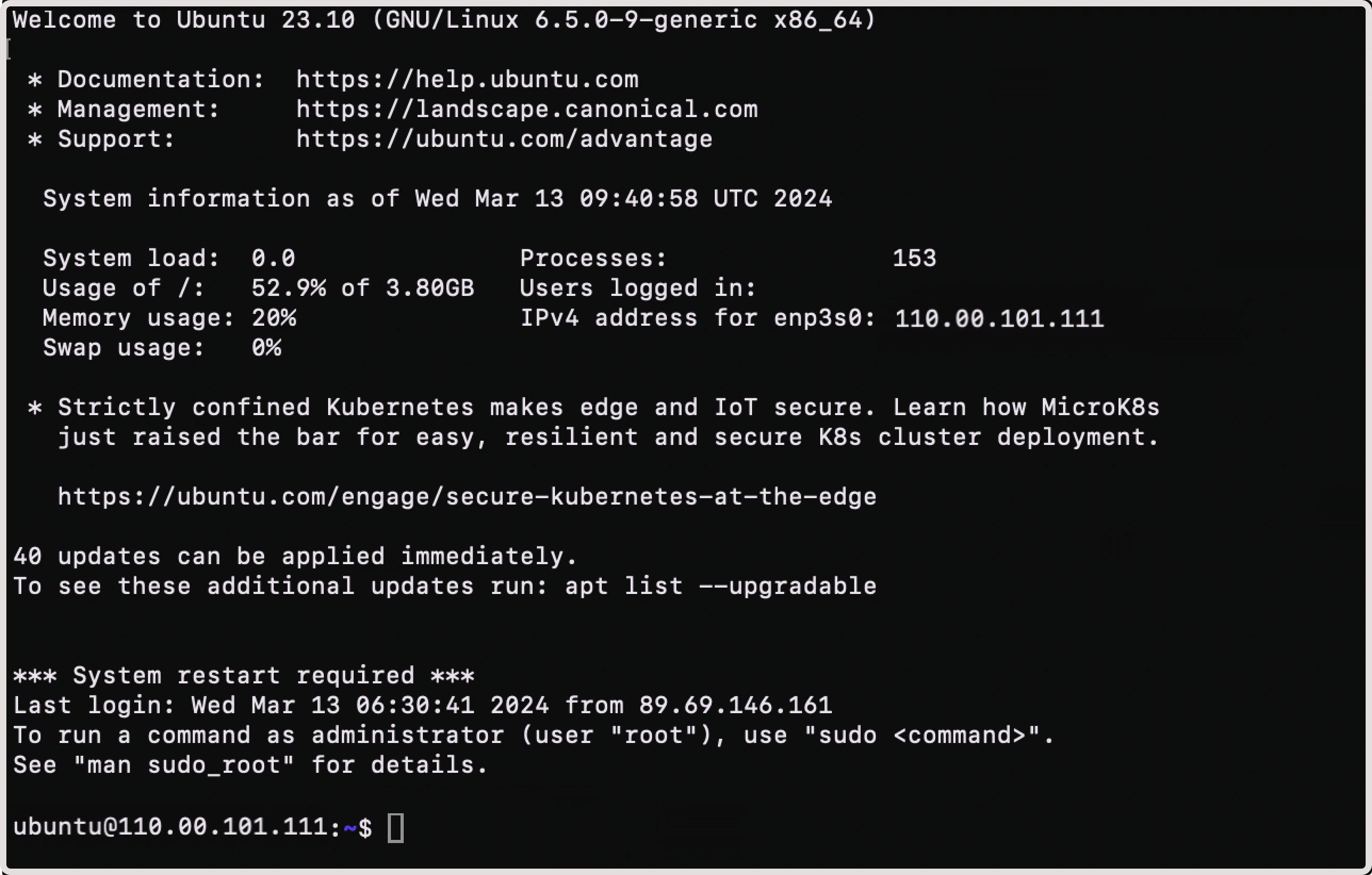 Ubuntu terminal displaying successful connection to an instance