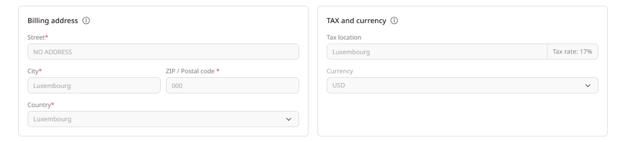 Billing address and Tax and currency sections