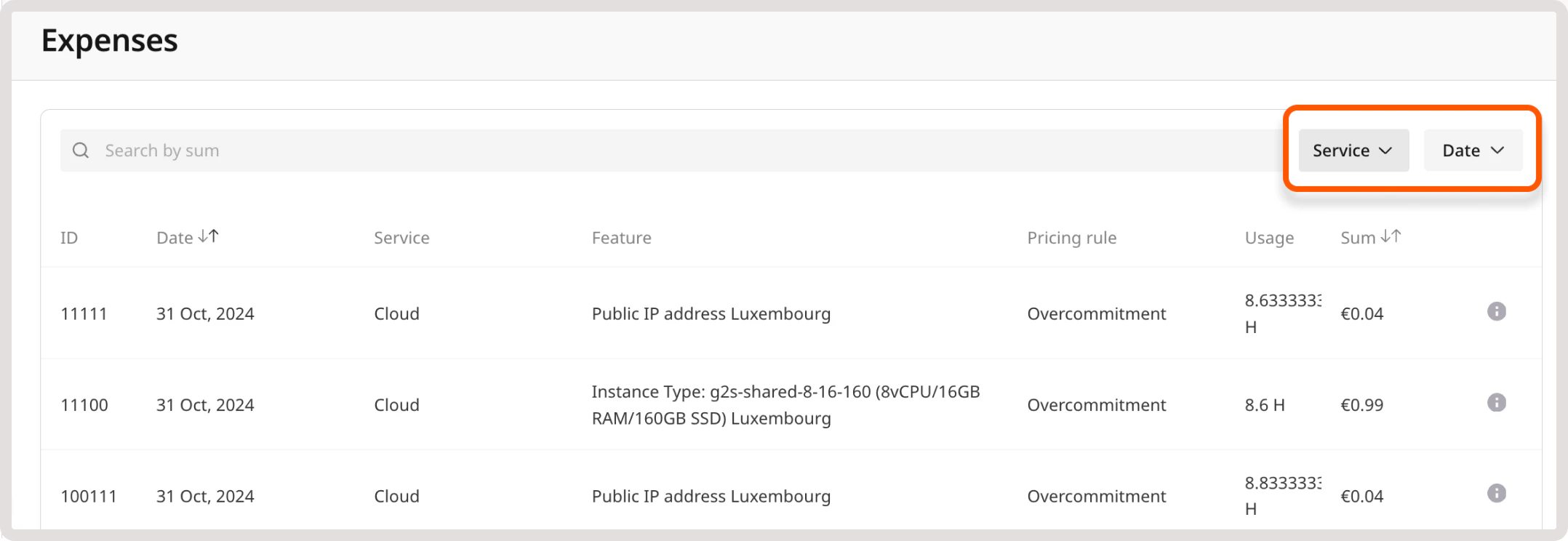 Expenses table with Service and Date dropdowns highlighted