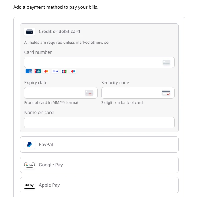 Payment methods page in the account settings