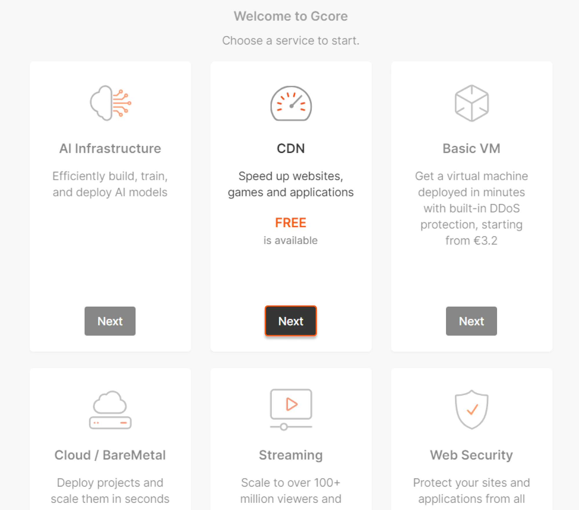 Starting page where you can choose a service to start