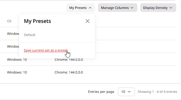 My Presets dropdown with Save current set as a preset option