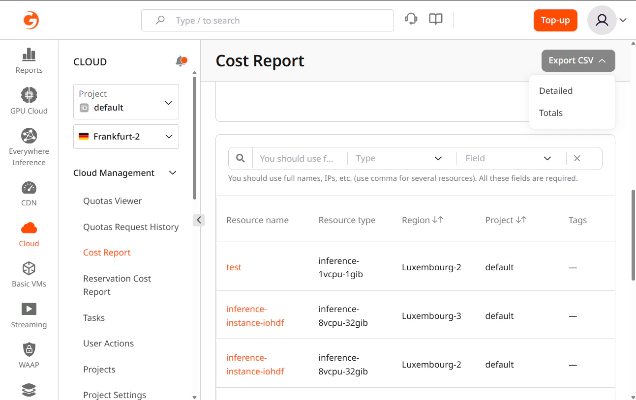 Export CSV dropdown with Detailed and Total options