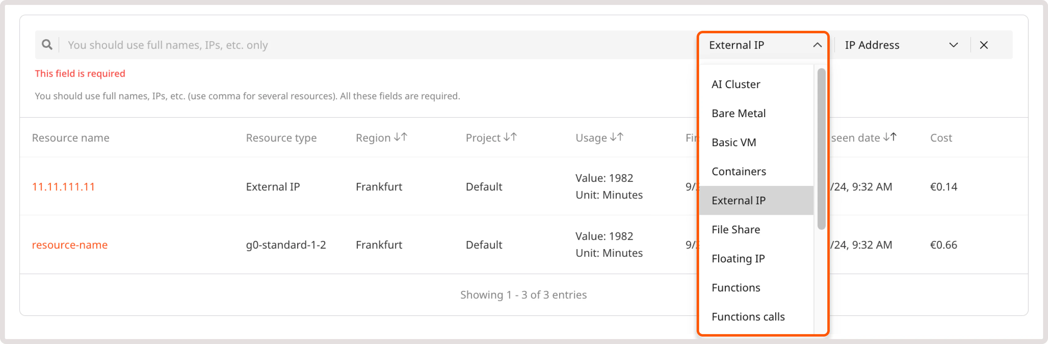 Resource type dropdown with External IP selected