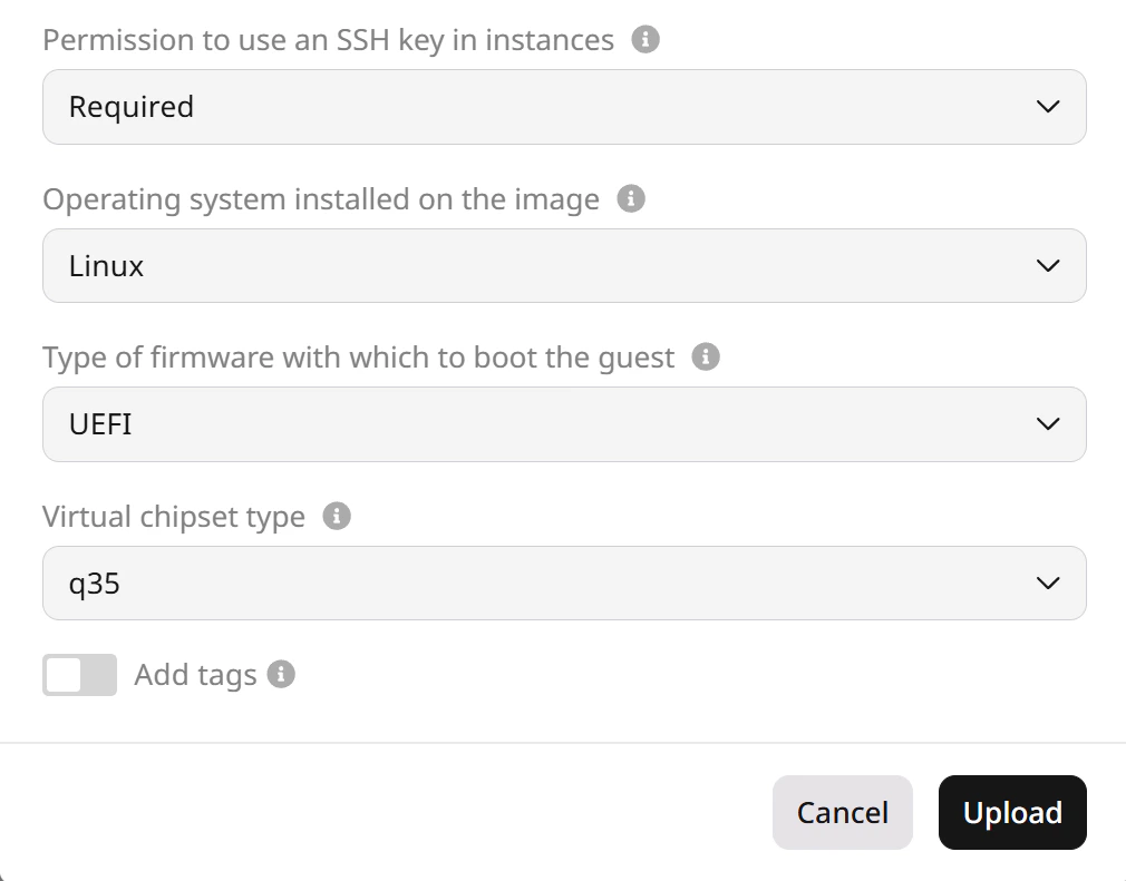 Click the Upload button to finalize image import