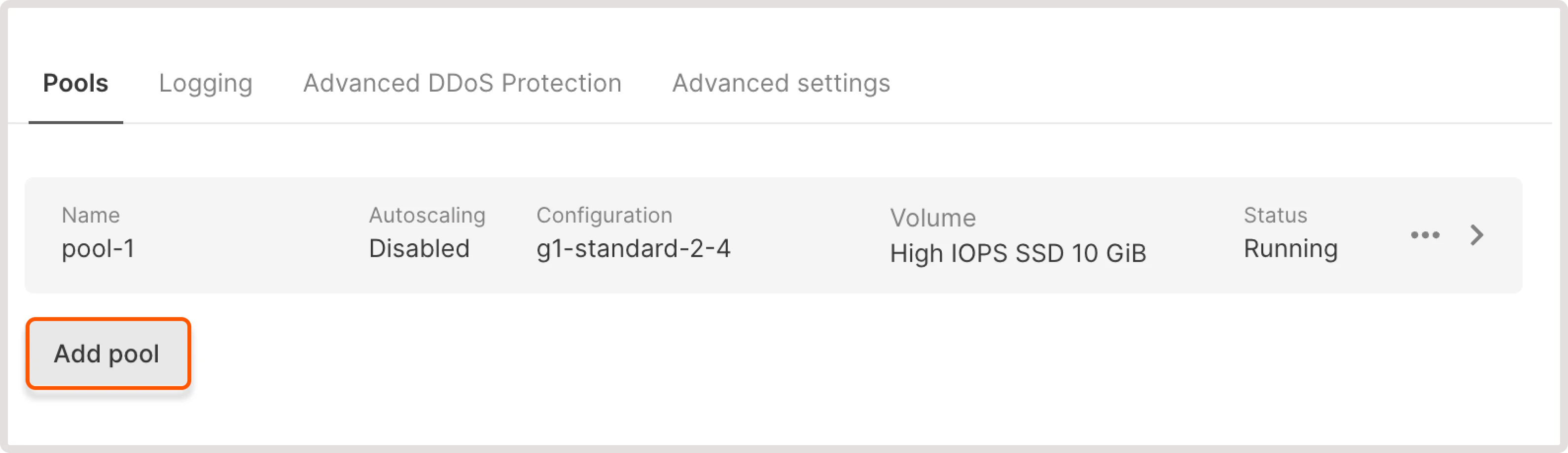 Managed Kubernetes cluster with add pool button highlighted