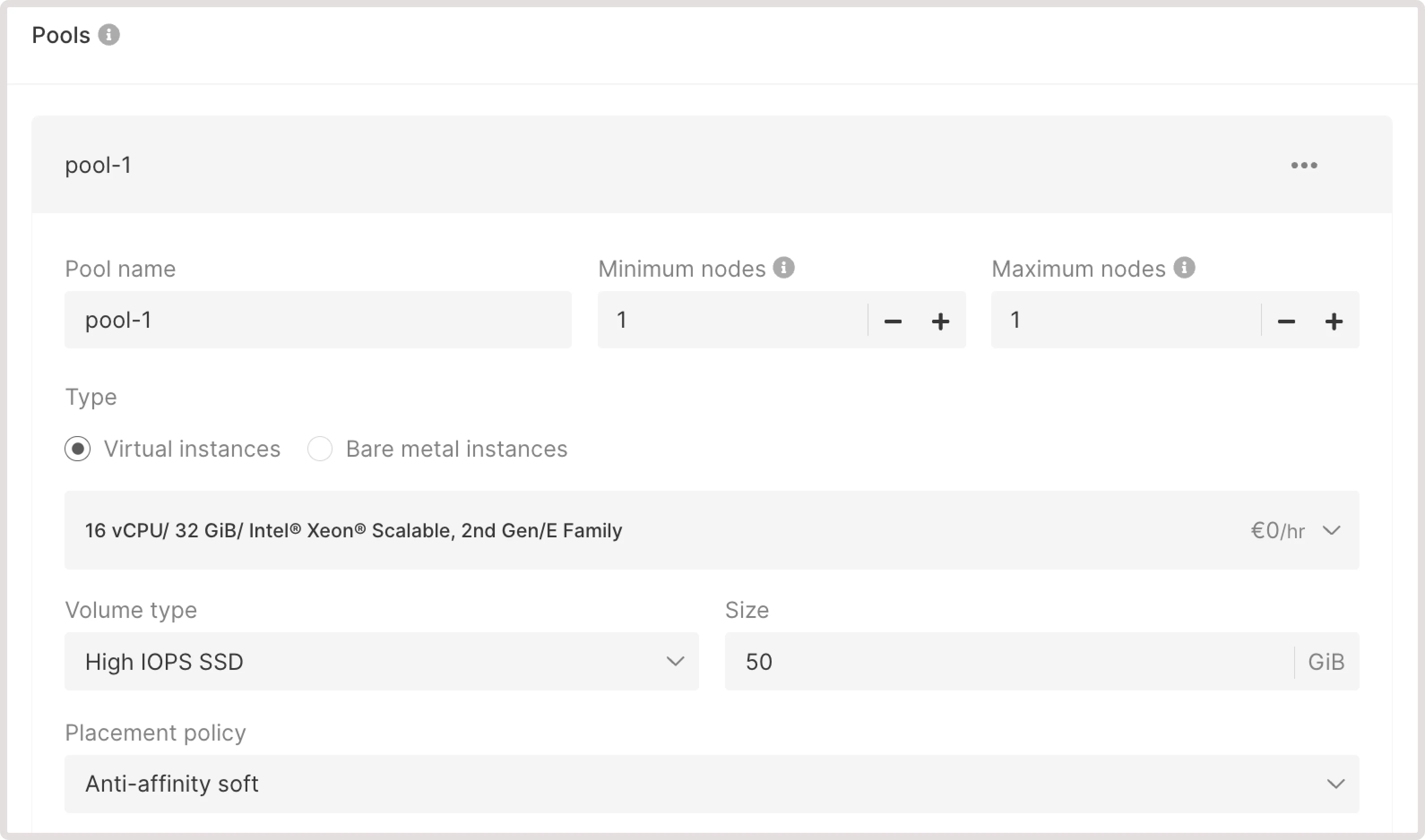 Pools configuration section on the Create Kubrnetes cluster page