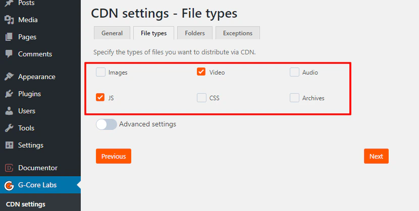 Specify the file extensions
