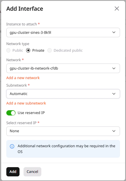 Add Interface dialog with network type and configuration options
