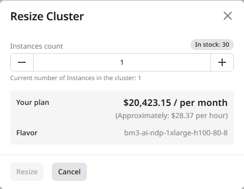 Resize cluster dialog with instance count controls