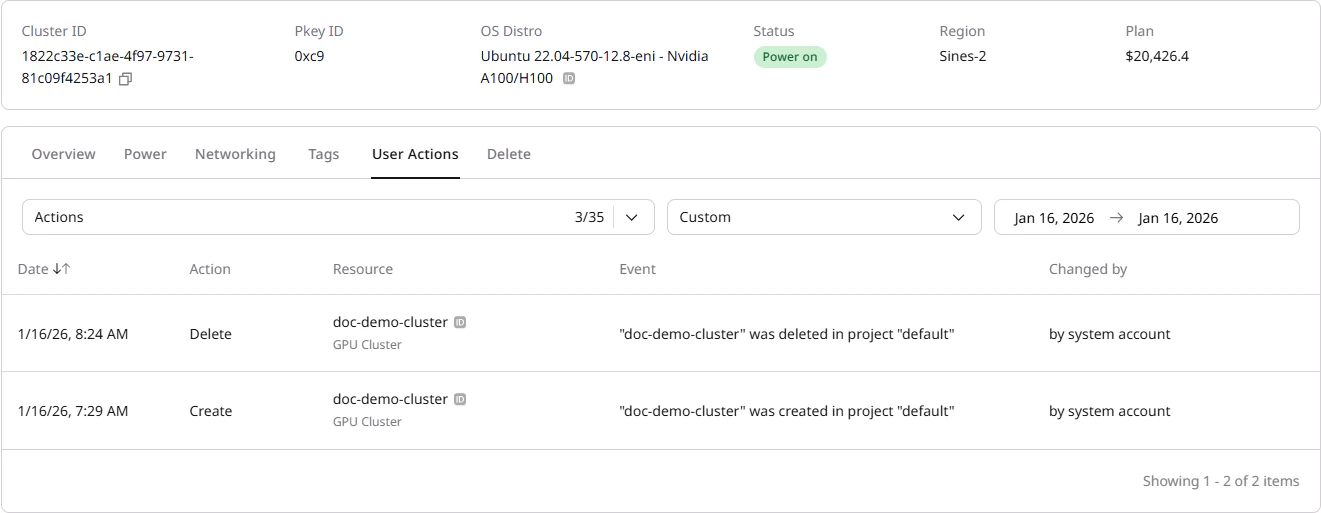 User Actions tab showing audit log of cluster operations