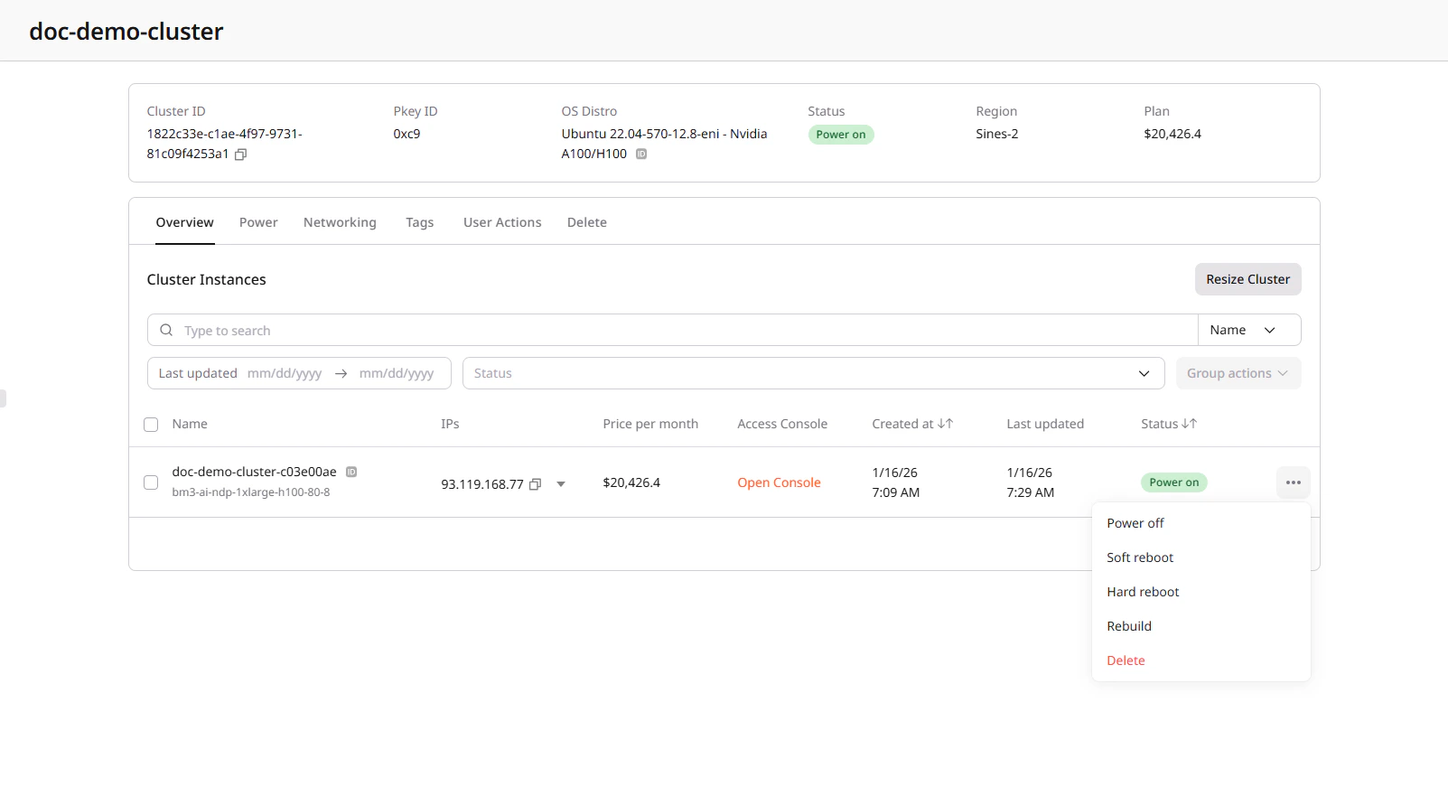 Node actions menu showing power and management options