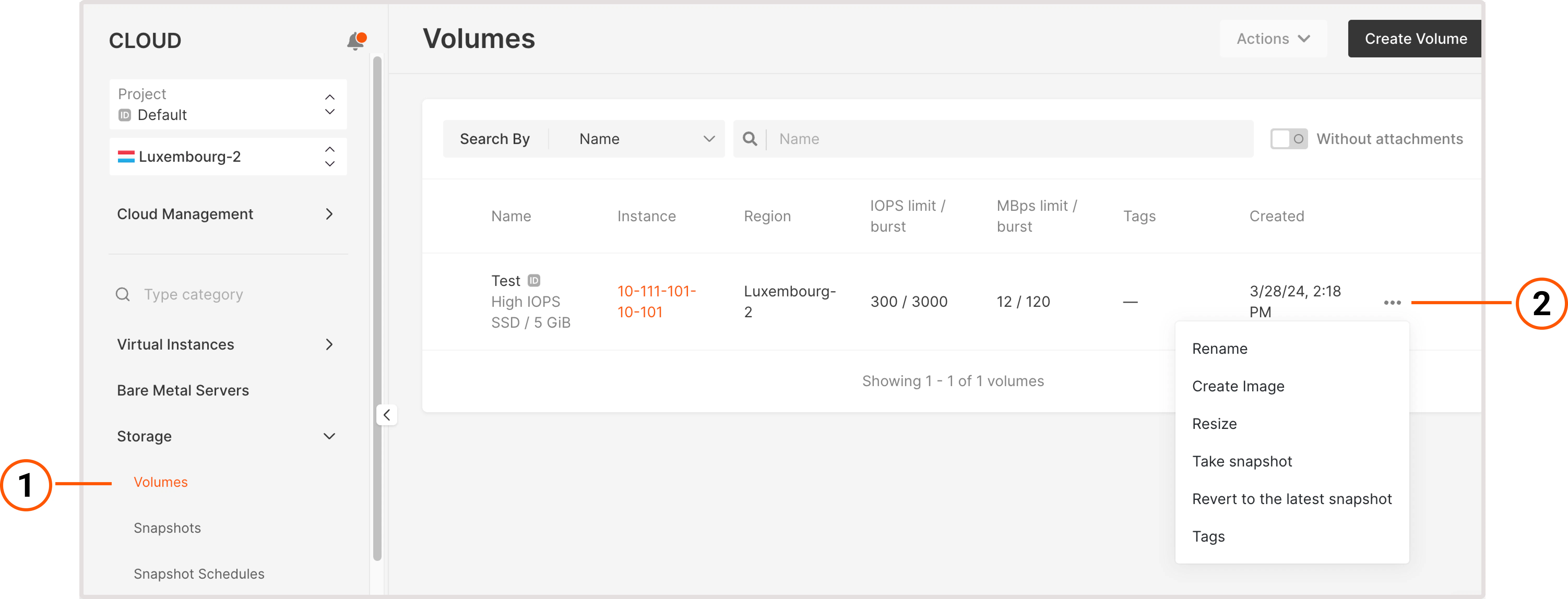 Volumes tab with expanded settings menu