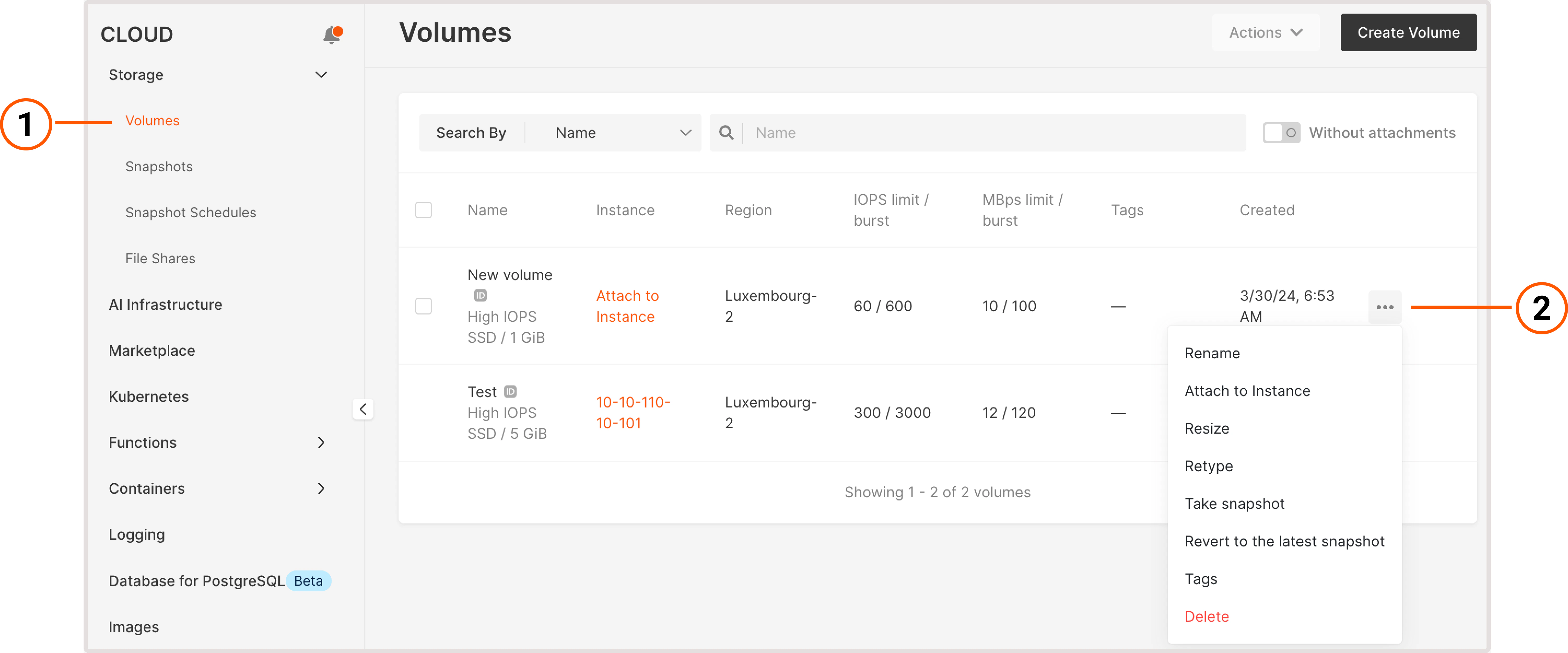 Volumes tab with expanded settings menu
