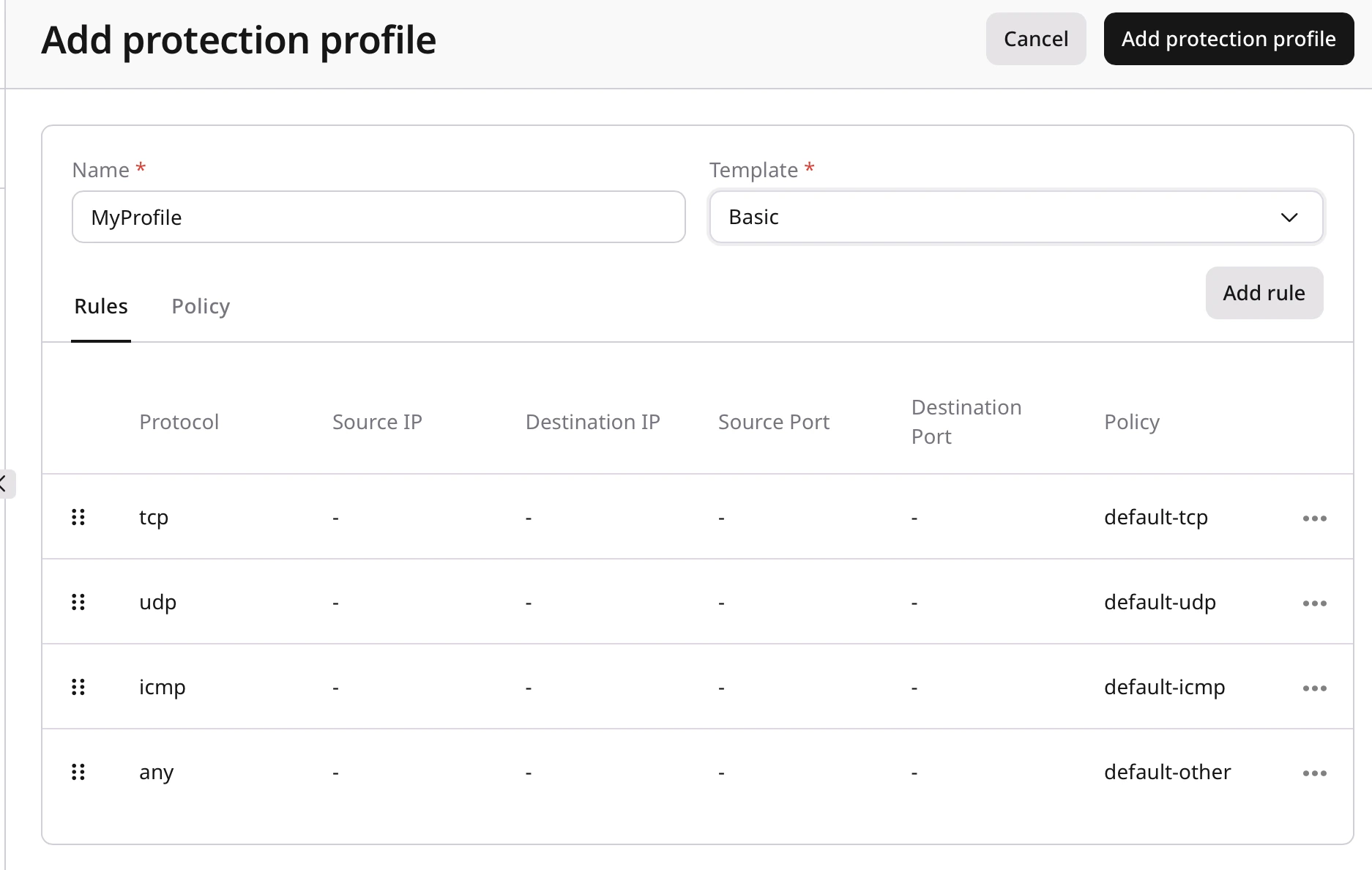 Protection profiles rules and policies