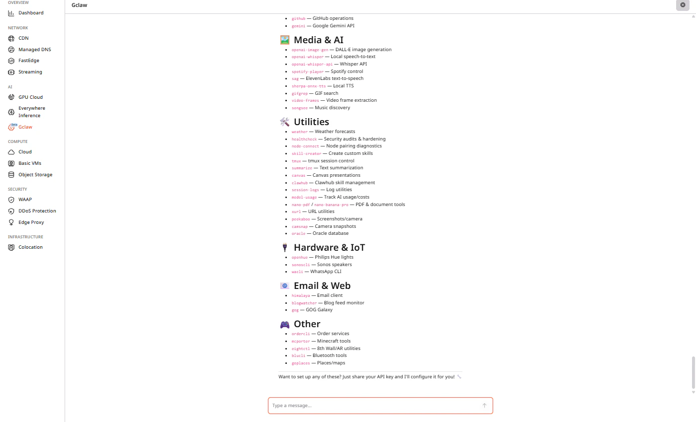 Gclaw listing available skills by category