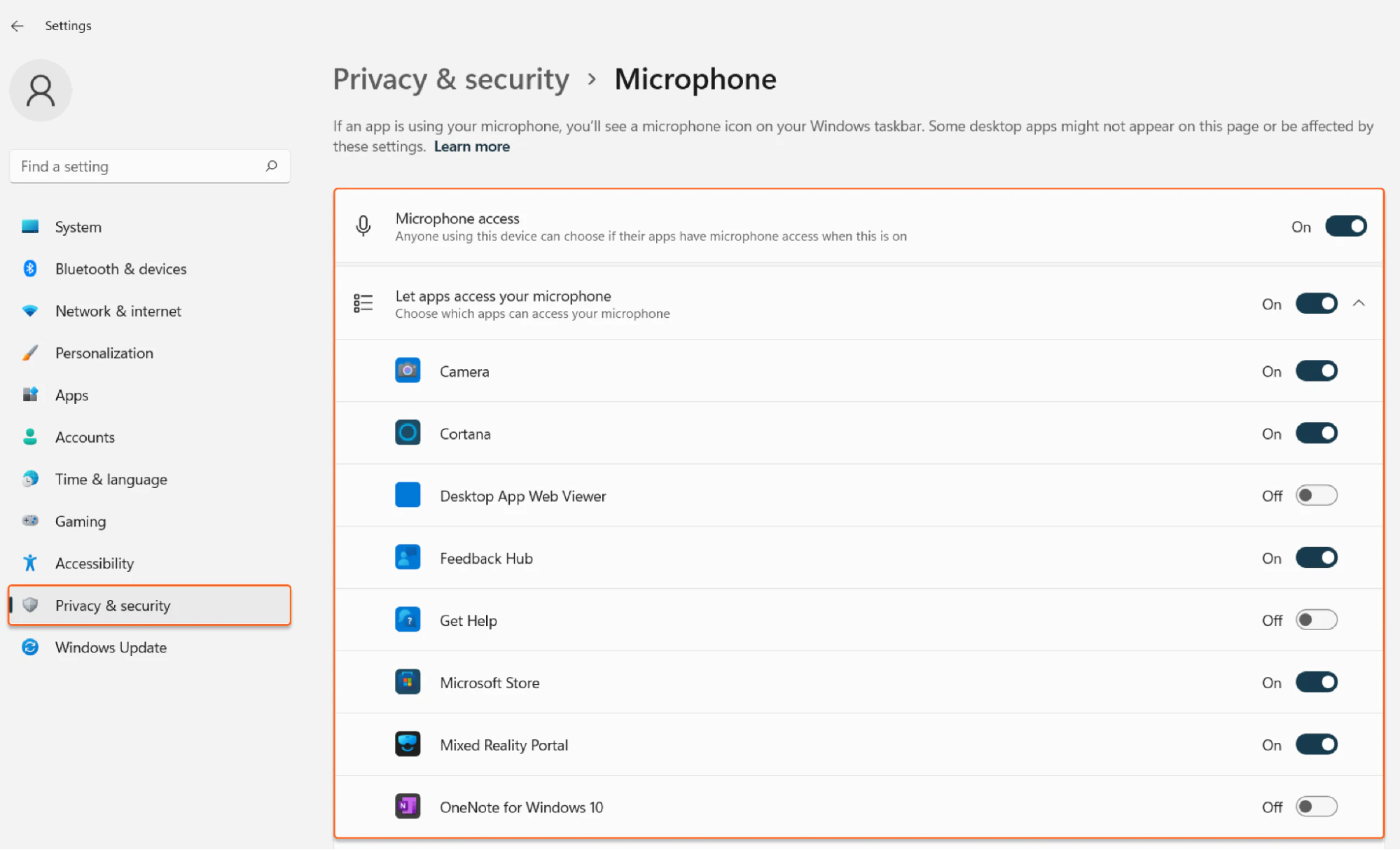 Camera or Microphone Windows sections
