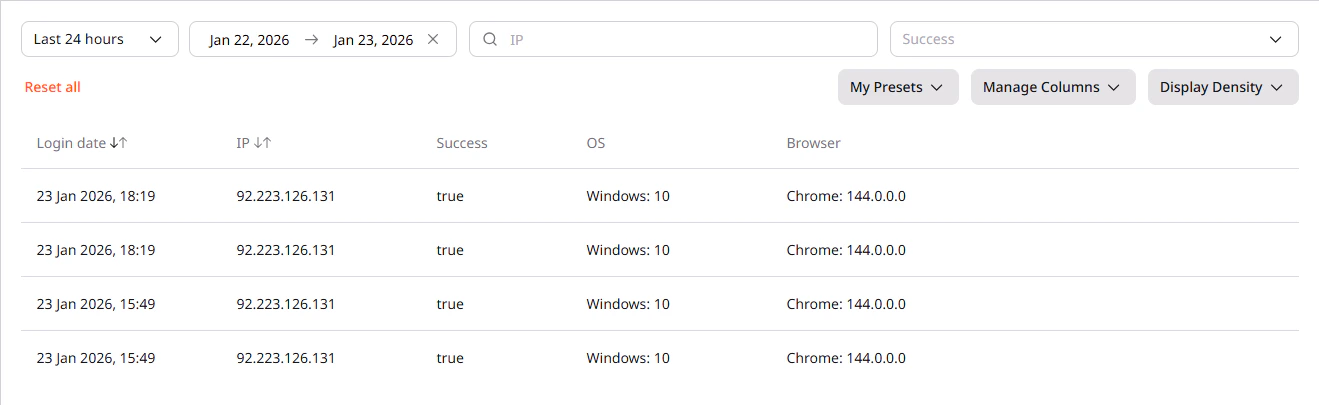 Last logins section showing filters, toolbar, and login history table