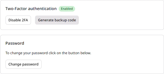 Two-factor authentication and Password sections in My profile