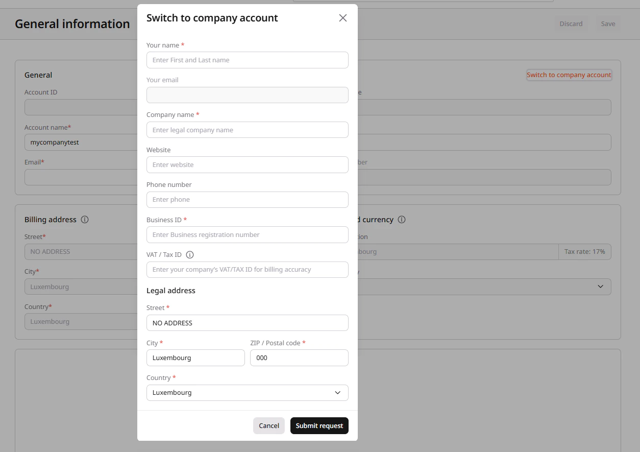 Switch to company account dialog with required fields