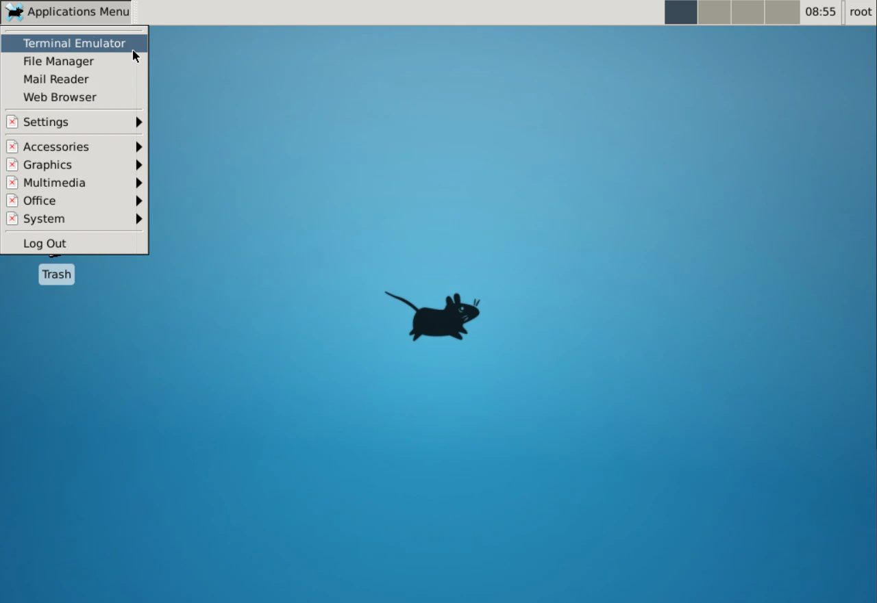 Click on Applications in the upper-left corner and select Terminal Emulator
