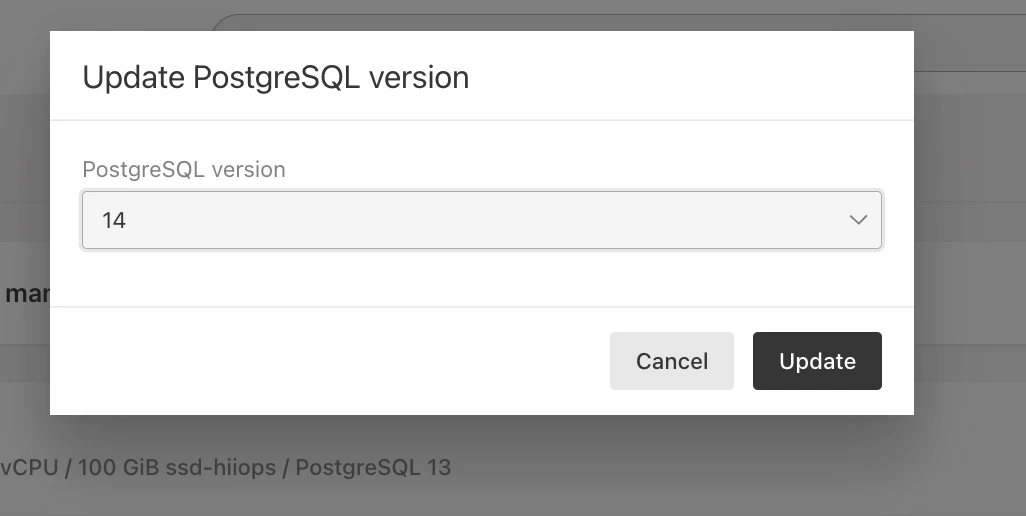 manage postgresql update version pop up