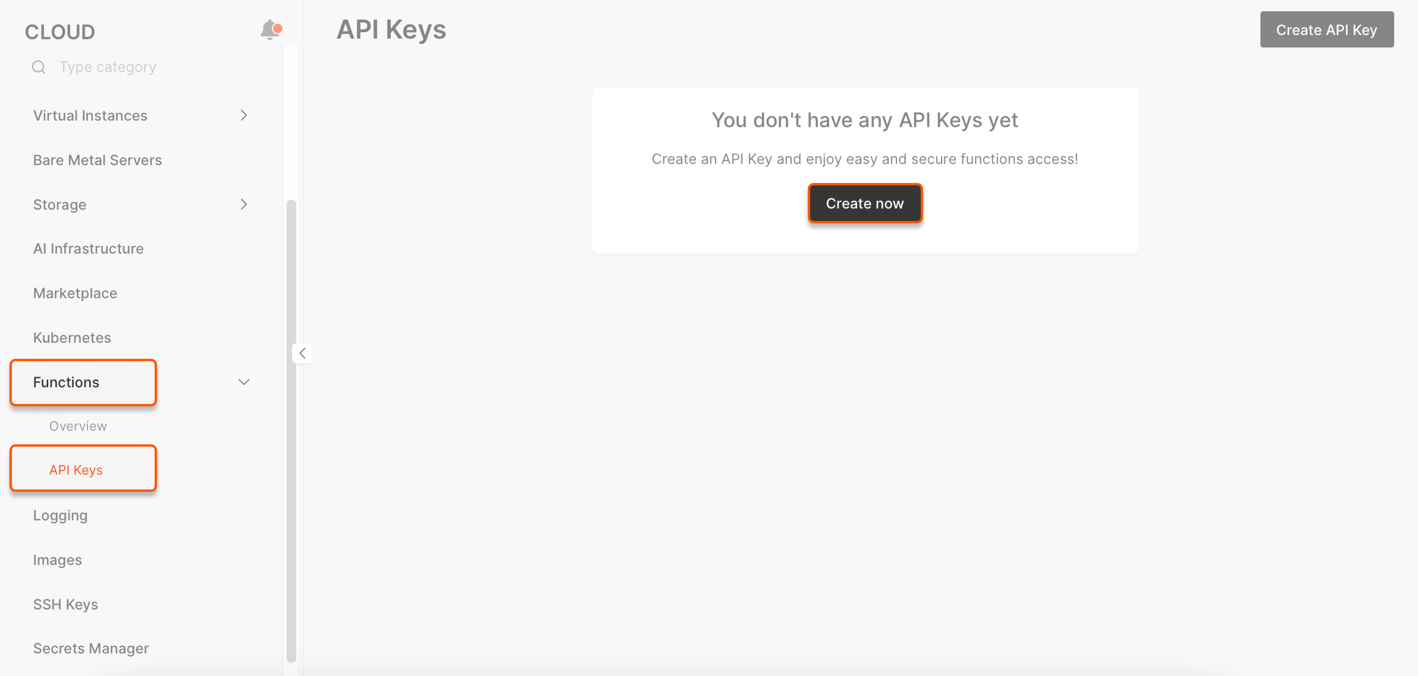API keys for functions in the Cloud menu