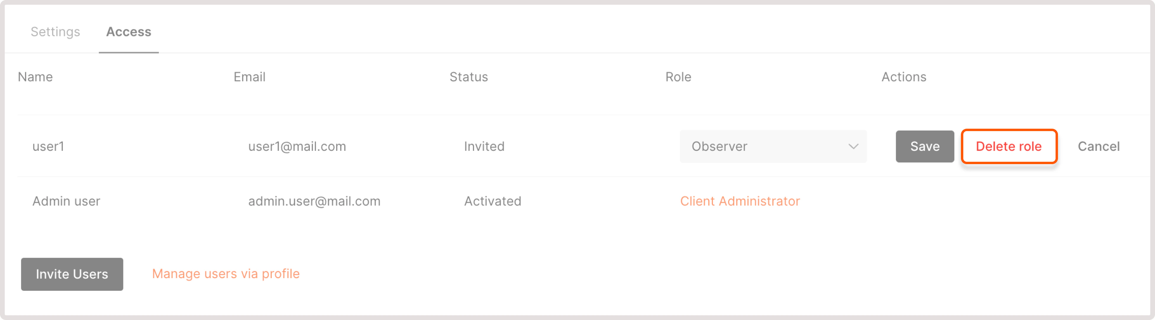 The location of the Delete role button