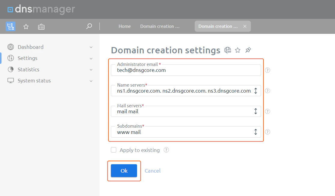 Provide the following settings