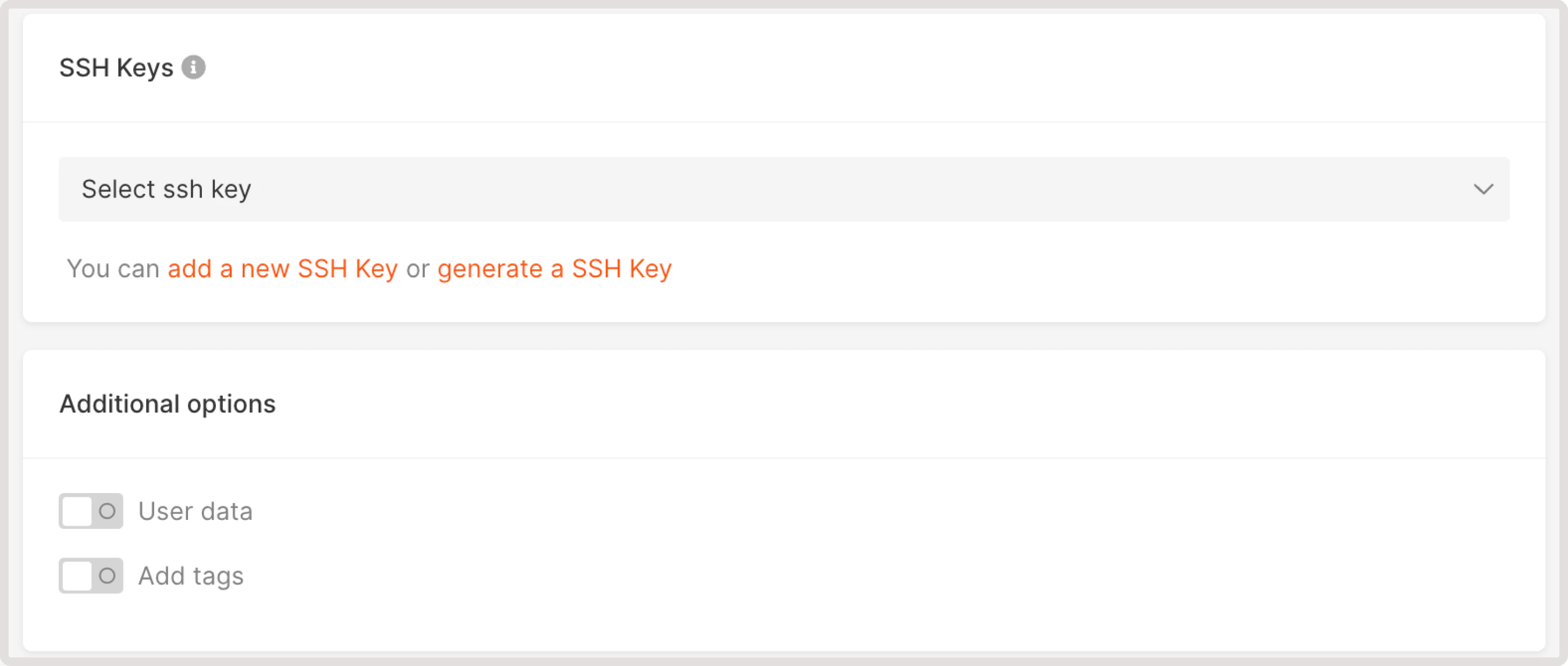 A menu with SSH keys settings settings
