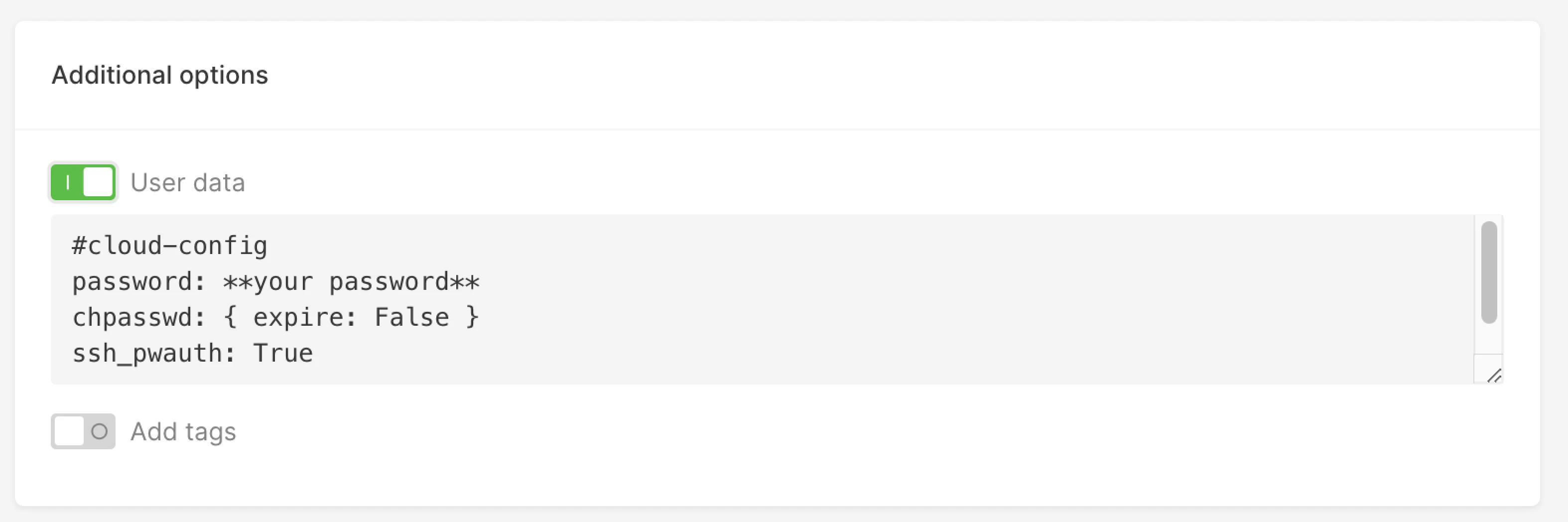 A menu with user data settings