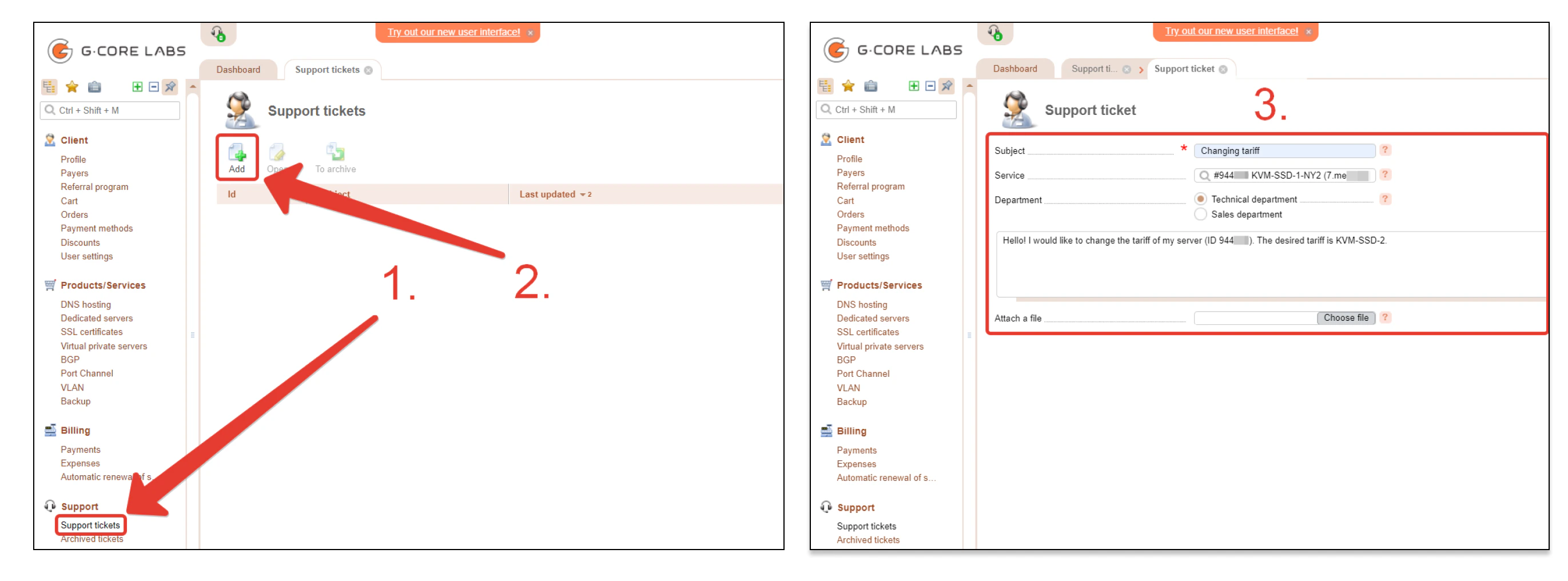 Support tickets section
