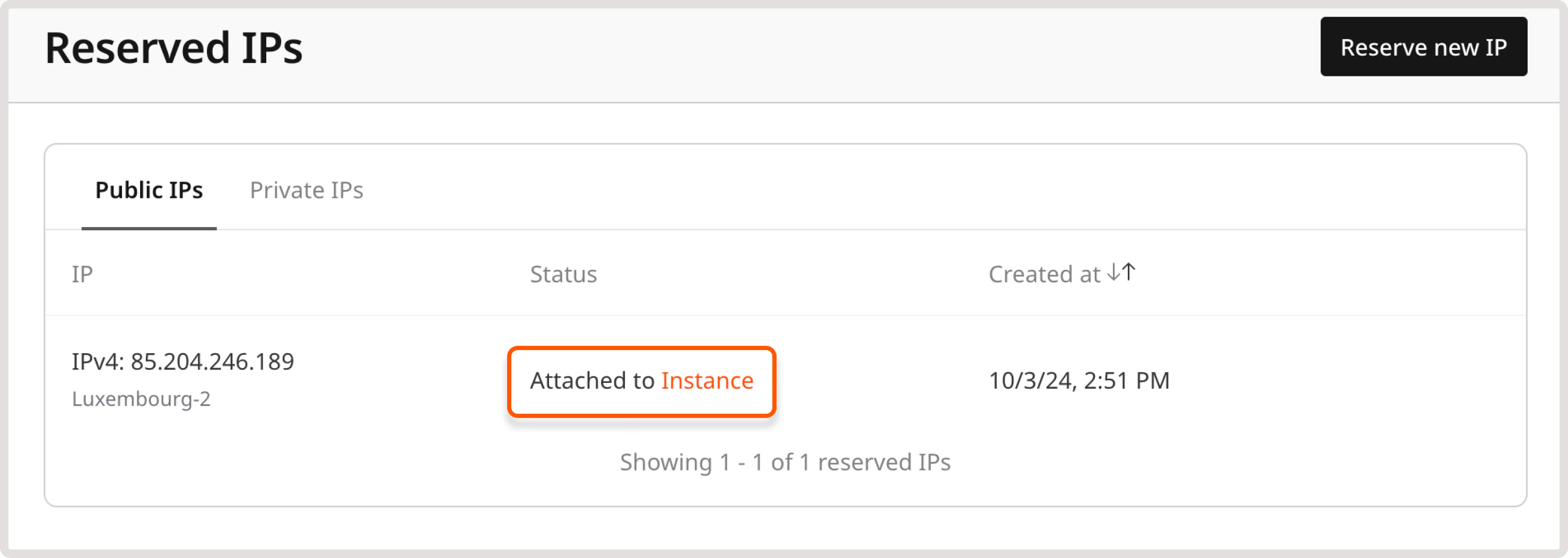 Reserved IPs page in the Customer Portal